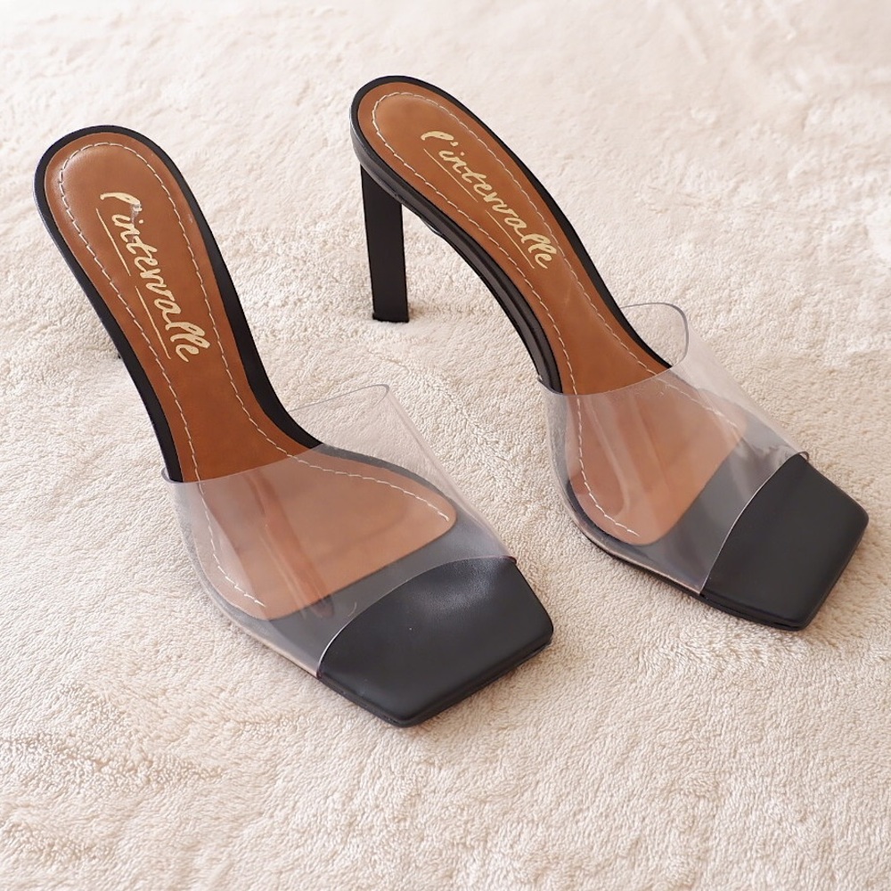Clear Strap Black Square-Toe Mule Heels by